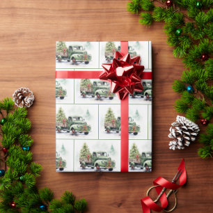 Weihnachtsgrüner Retro-LKW mit Baum Geschenkpapier