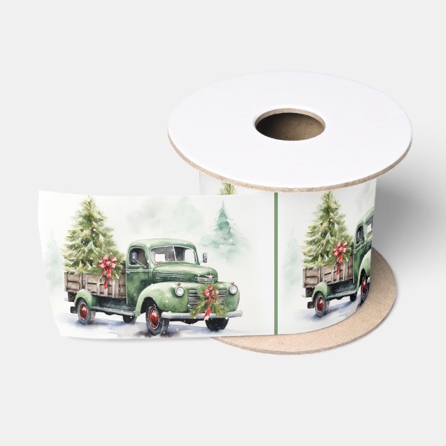 Weihnachtsgrüner Retro-LKW mit Baum Satinband (Spule)