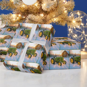 Weihnachtsgrüner Vintage-Traktor mit roter Scheune Geschenkpapier
