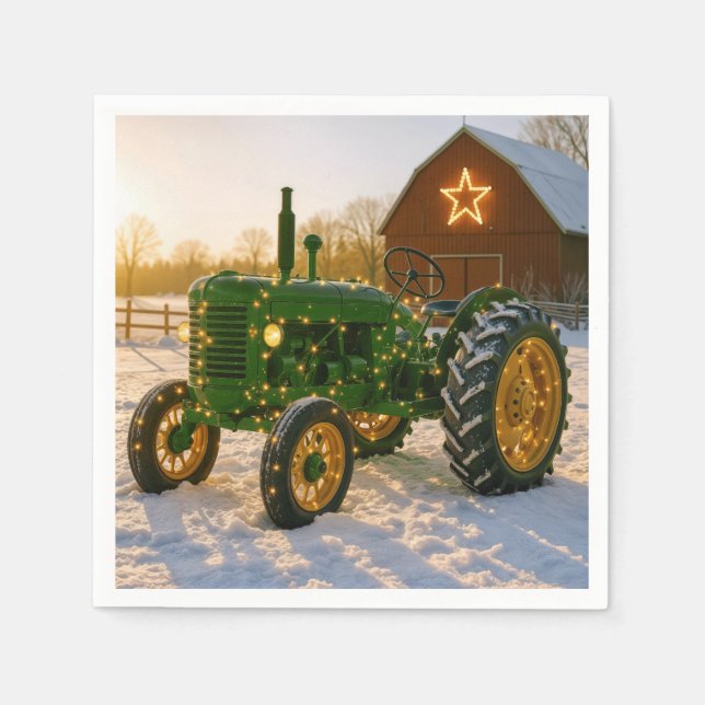 Weihnachtsgrüntraktor mit leuchtenden Lichtern Serviette (Vorderseite)