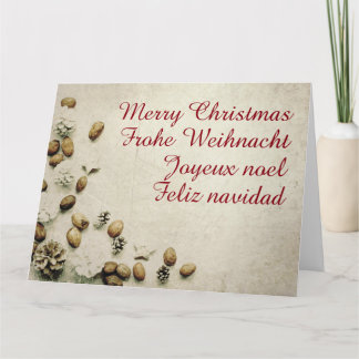Weihnachtsgruß in vier Sprachen mit Nüssen Dankeskarte
