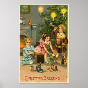 Weihnachtsgruß Kinder, Baum, Spielzeug Poster