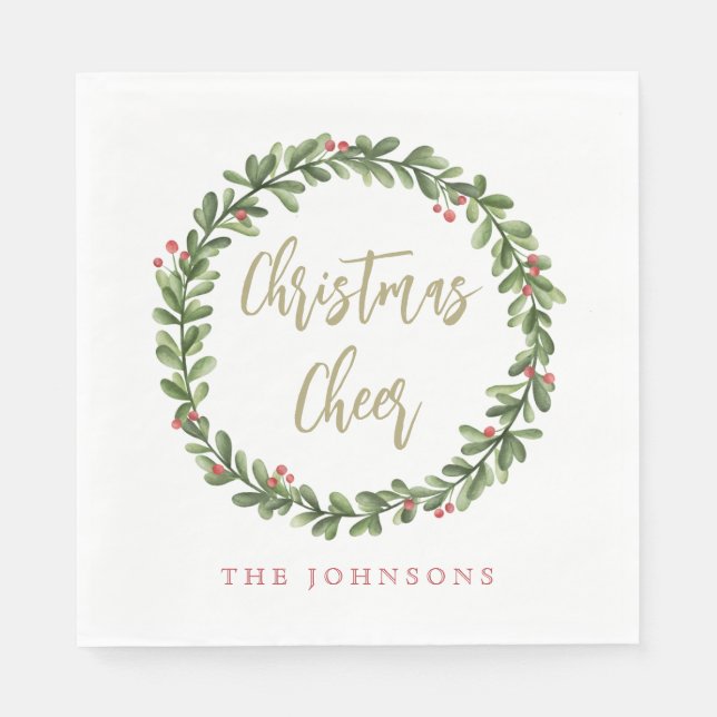 Weihnachtsgruß-Kranz Goldschrift personalisiert Serviette (Vorderseite)