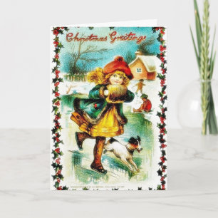 Weihnachtsgruß mit einem Mädchen, das mit einem Feiertagskarte