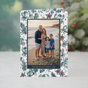 Weihnachtsgruß mit Krabben-Muster und Familienfoto