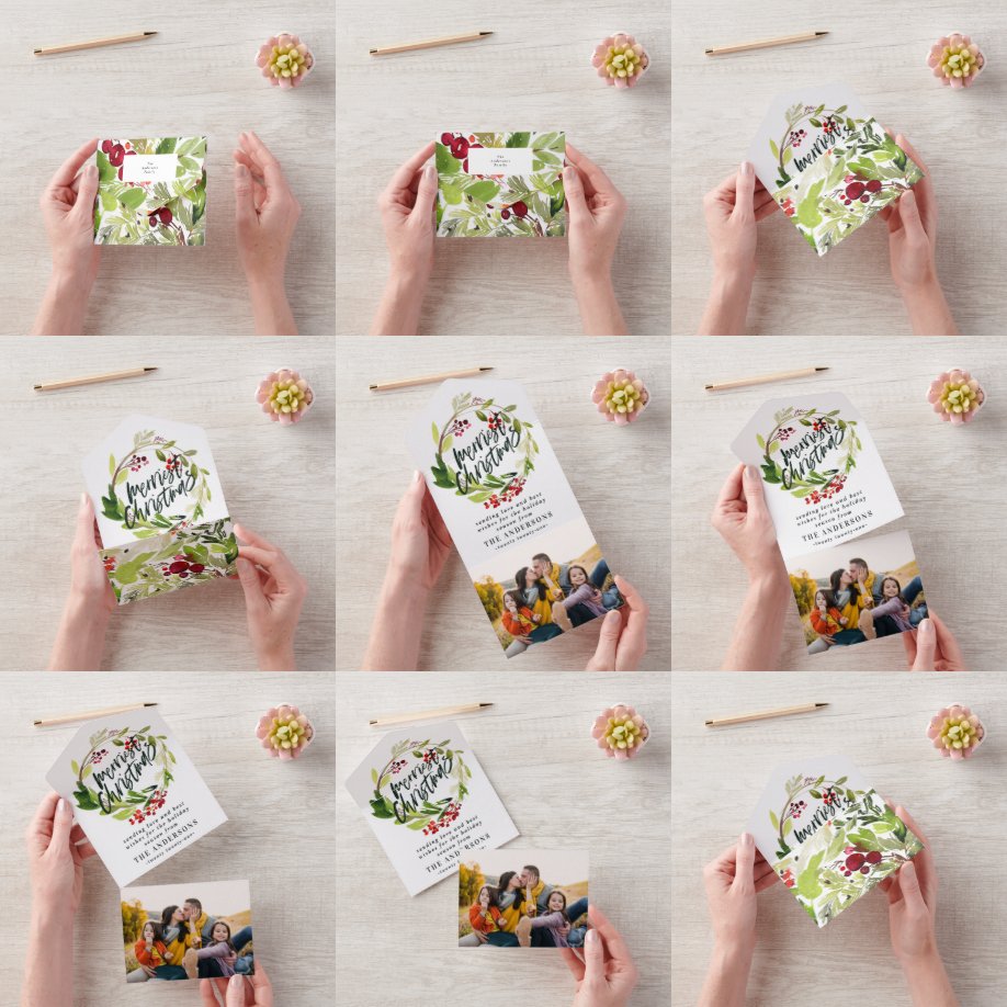 Weihnachtsgruß mit Wasserfarbe-Beeren und -Grün-Kr All In One Einladung