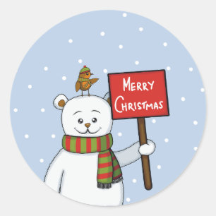 Weihnachtsgruß von Eisbär und Rotkehlchen Runder Aufkleber
