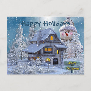 Weihnachtsgruß Winter Schneemann Blau Rustikal Postkarte