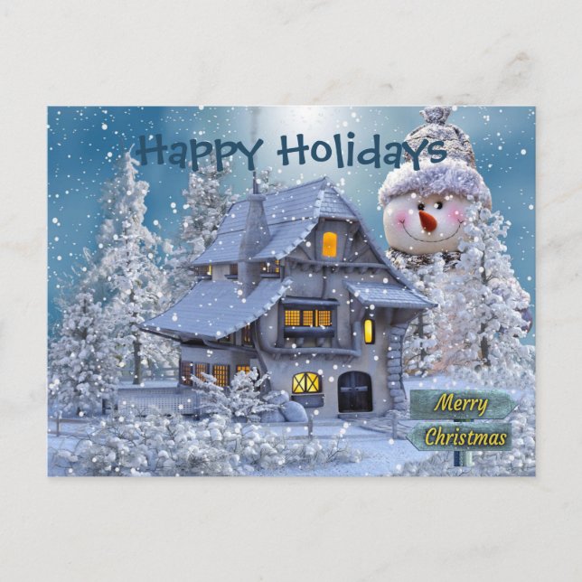 Weihnachtsgruß Winter Schneemann Blau Rustikal Postkarte (Vorderseite)
