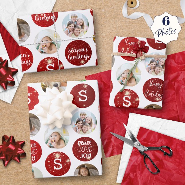 Weihnachtsgrüße 6 Foto Monogram Red Sparkle Geschenkpapier Set (Von Creator hochgeladen)
