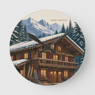 Weihnachtsgrüße Alpen-Winter Chalet Schnee Runde Wanduhr