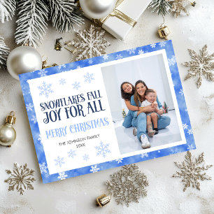 Weihnachtsgrüße Blaue Schneeflocken Familienfoto Feiertagskarte