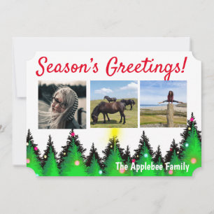 Weihnachtsgrüße, Familienfotos, grüne Tannenbäume Feiertagskarte