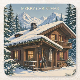 Weihnachtsgrüße Gemütliches Alpenchalets Schneerei Rechteckiger Pappuntersetzer