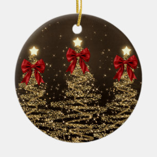 Weihnachtsgrüße Goldene Weihnachtsbäume mit roten Keramik Ornament
