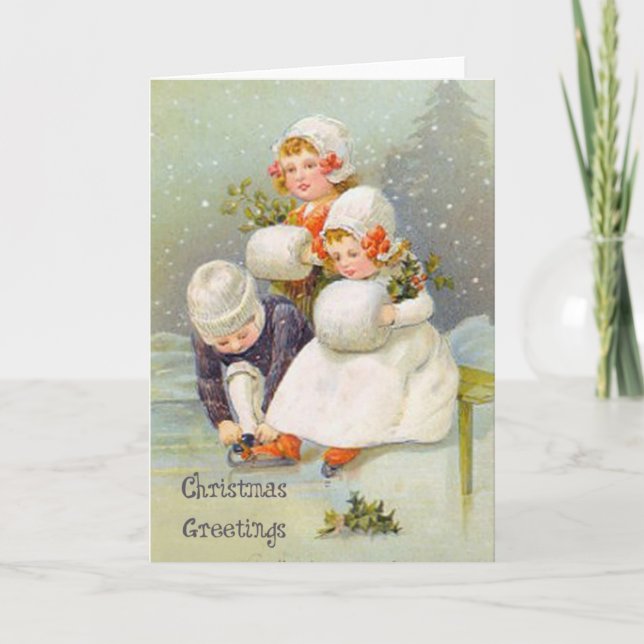 Weihnachtsgrüße Ice Skaten Kids Feiertagskarte (Vorderseite)