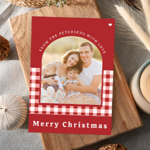 Weihnachtsgrüße im roten Gingham-Karo-Familienfoto Feiertagskarte
