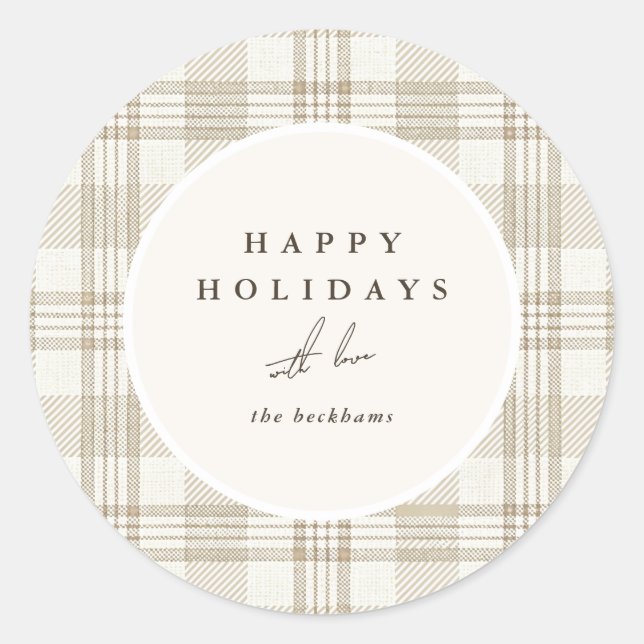 Weihnachtsgrüße in sanftem Beige Gingham Runder Aufkleber (Vorderseite)
