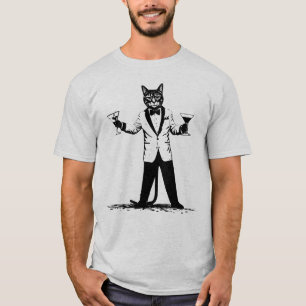 Weihnachtsgrüße! Katze im Smoking prostet zu T-Shirt