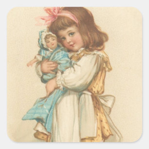 Weihnachtsgrüße Mädchen mit Puppe Vintage Quadratischer Aufkleber