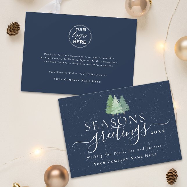 Weihnachtsgrüße Modernes Geschäft-Logo  Feiertagskarte (Seasons greetings business logo Christmas trees elegant script professional navy blue holiday card)