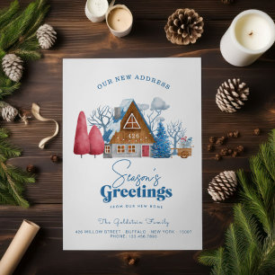 WEIHNACHTSGRÜSSE NEUES ZUHAUSE BLAU ROT VINTAGE HE FEIERTAGSKARTE