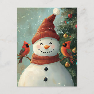 Weihnachtsgrüße Schneemann und Kardinal Postkarte