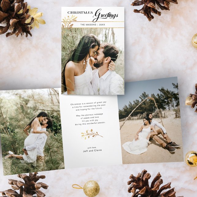 Weihnachtsgrüße Script/Glam Gold Blätter Foto Dreifach Gefaltete Urlaubskarte (Von Creator hochgeladen)
