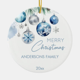 Weihnachtsgrüße silberblaue Baubles Foto Keramik Ornament