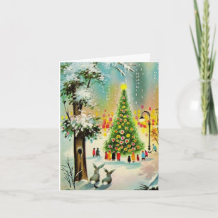 Weihnachtsgrüße Versammlung um einen Baum_1950 Feiertagskarte