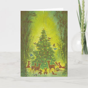 Weihnachtsgrüße Versammlung um einen Baum_1950 Feiertagskarte