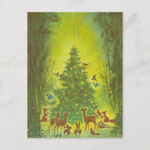 Weihnachtsgrüße Versammlung um einen Baum_1950 Feiertagspostkarte