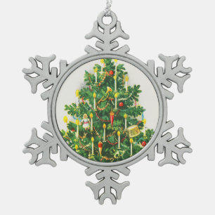 Weihnachtsgrüße, Vintage-Karte, Weihnachtsbaum Schneeflocken Zinn-Ornament