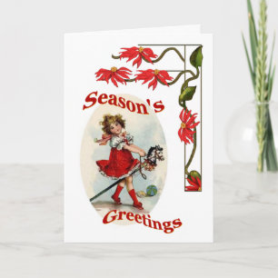 Weihnachtsgrüße Vintage Mädchen & Poinsettien Feiertagskarte