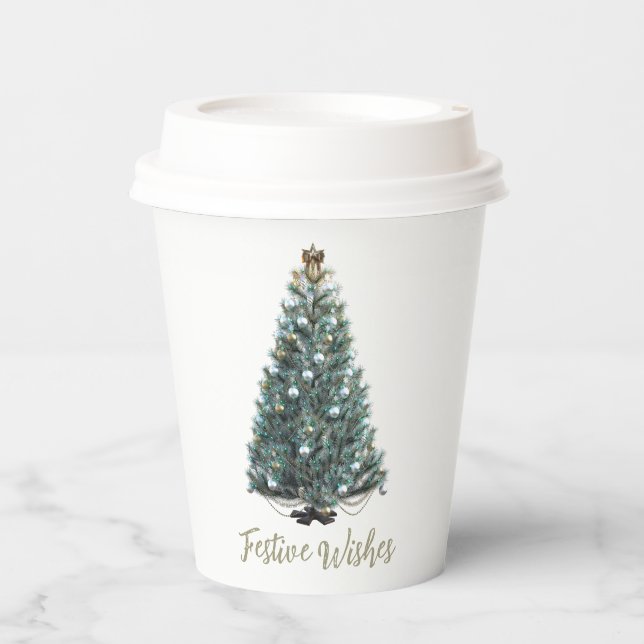 Weihnachtsgrüße. Weihnachtsbaum-Design Pappbecher (Vorderseite)