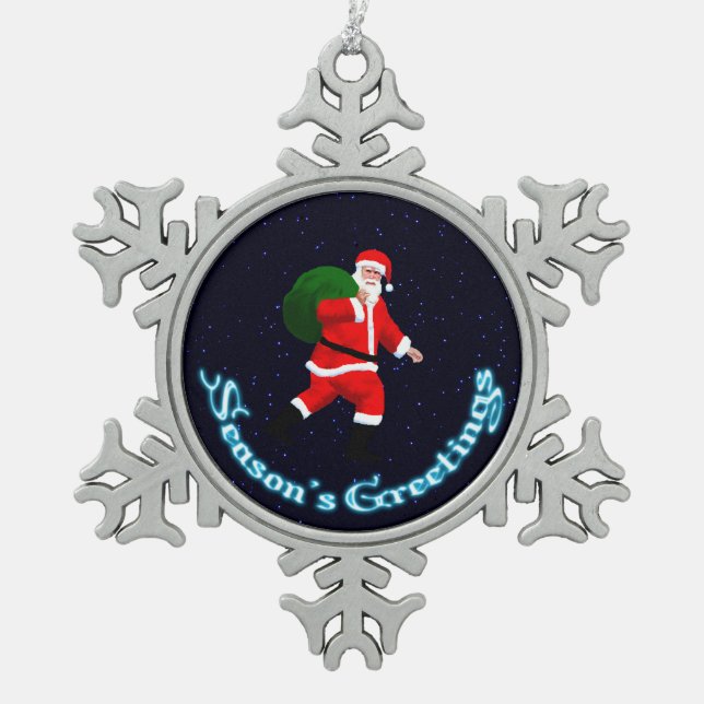 Weihnachtsgrüße - Weihnachtsmann Schneeflocken Zinn-Ornament (Vorderseite)