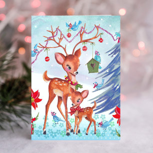 Weihnachtsgrußkarte mit Hirschen und Vögeln Fest Feiertagskarte