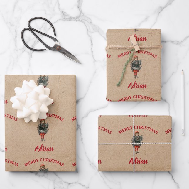 Weihnachtsgürtel & Holly Individuelle Name Kraft Geschenkpapier Set (Vorderseite)