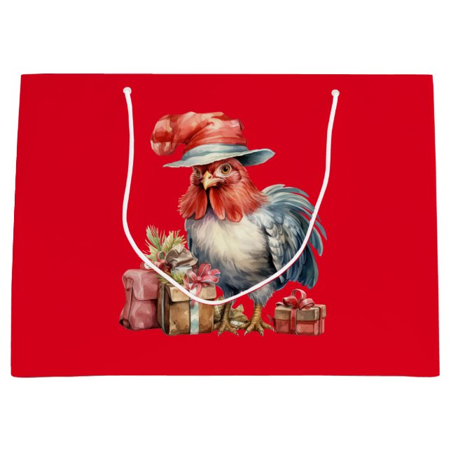 Weihnachtshähnchen in Brillen/Hat & Presents Red Große Geschenktüte (Vorderseite)