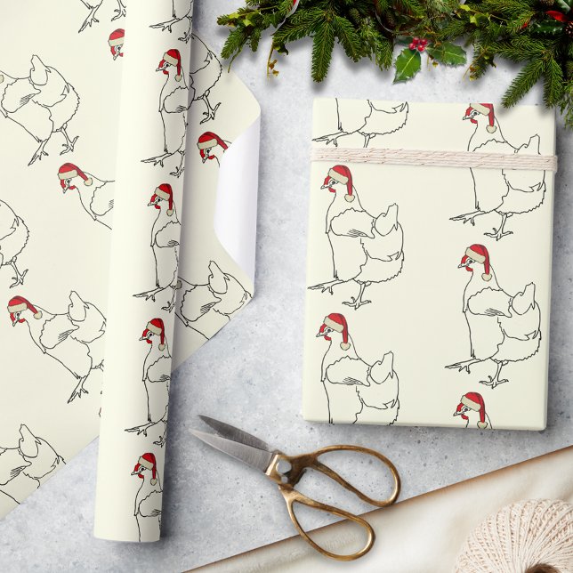 Weihnachtshähnchen mit Weihnachtsmannmütze Geschenkpapier (Christmas chicken wearing a Santa hat pattern holiday wrapping paper simple farm chicken drawing art)