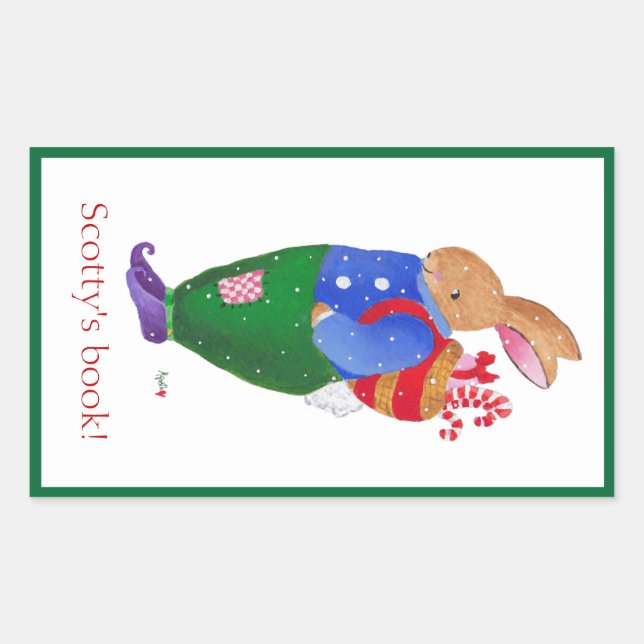 Weihnachtshasen-Buchzeichen Rechteckiger Aufkleber (Vorderseite)