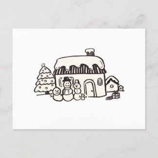 Weihnachtshaus mit Schneemann Feiertagspostkarte