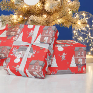 Weihnachtshaus, Schneemann und Weihnachtsbaum Rot  Geschenkpapier
