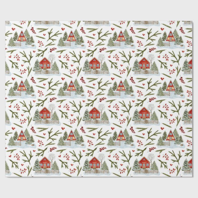 Weihnachtshaus Wasserfarbmuster Geschenkpapier (Flach)
