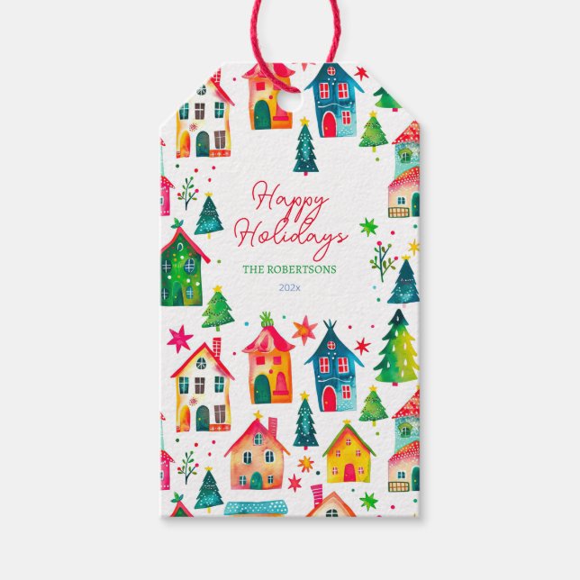 Weihnachtshäuser Frohe Feiertage Geschenkanhänger (Vorderseite)