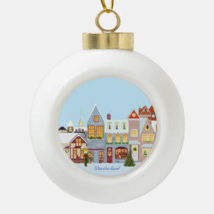 Weihnachtshäuser mit blauem Himmel Keramik Kugel-Ornament