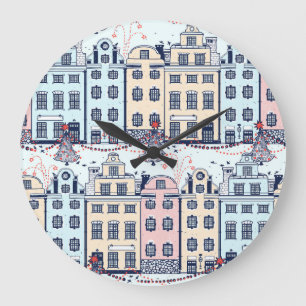 Weihnachtshäuser, vintage festliches Muster. Große Wanduhr