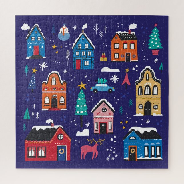 Weihnachtshäuser: Vintage Illustration. Puzzle (Vertikal)