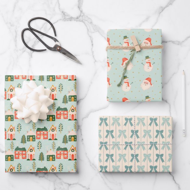Weihnachtshäuser, Weihnachtsmann, Frostig und Böge Geschenkpapier Set (Vorderseite)