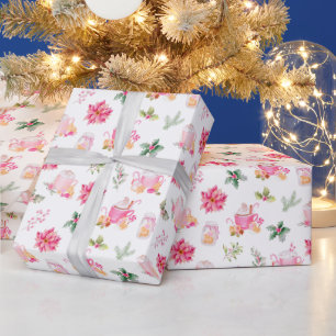 Weihnachtsheißer Kakao und rosa Weihnachtssterne Geschenkpapier